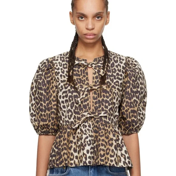 GANNI Cheetah Peplum Poplin top - Picture 1 of 3
